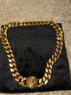 Versace Gold Tone Engraved Medallion Cuban Link Bracelet